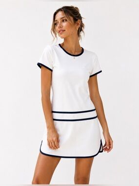 NWT Lacoste White Short Sleeve Tennis Mini Dress with Navy Trim, size S